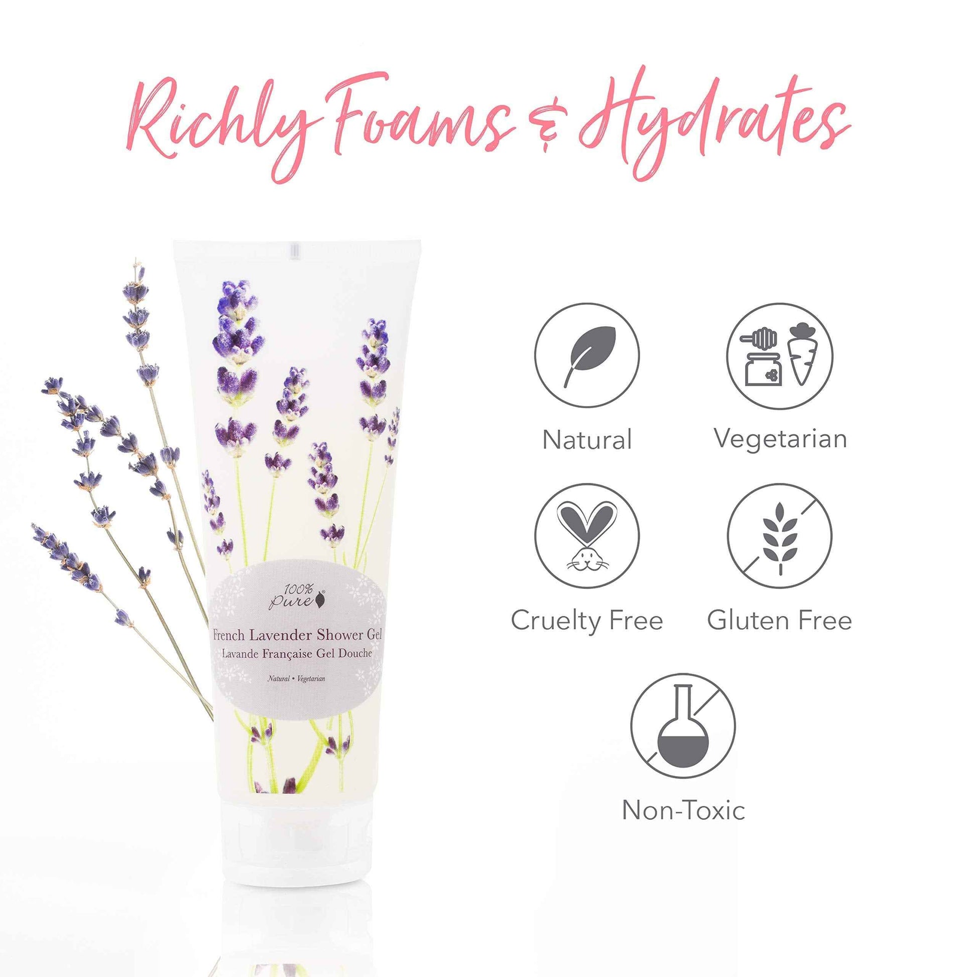 100% PURE French Lavender Shower Gel Natural Foaming & Hydrating Body Wash - Deeply Moisturizing Gentle Soap Cleanser for All Skin Types, Even Sensitive - Gluten-Free - 8 Fl Oz