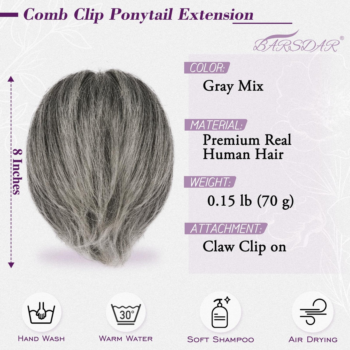 BARSDAR Claw Clip Short Human Hair Gray Ponytail Extension - 8 Inch DIY Styles Claw Clip Real Human Hair Grey Messy Bun Hairpieces for Women - Bendable Metals Thick Natural Short Gray Ponytail Daily