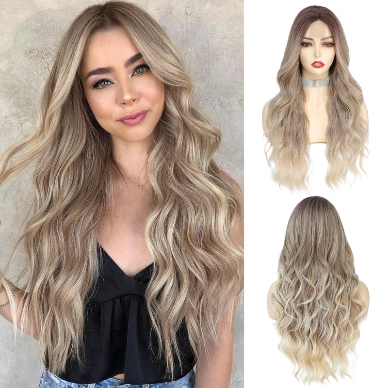 NAYOO Long Wavy Blonde Wig for Women - 26 Inch Ash Blonde Ombre Wig with Dark Roots, Natural Looking Dirty Blonde Ombre Wig, Middle Part Heat Resistant Fiber Wig for Daily Wear Party Cosplay
