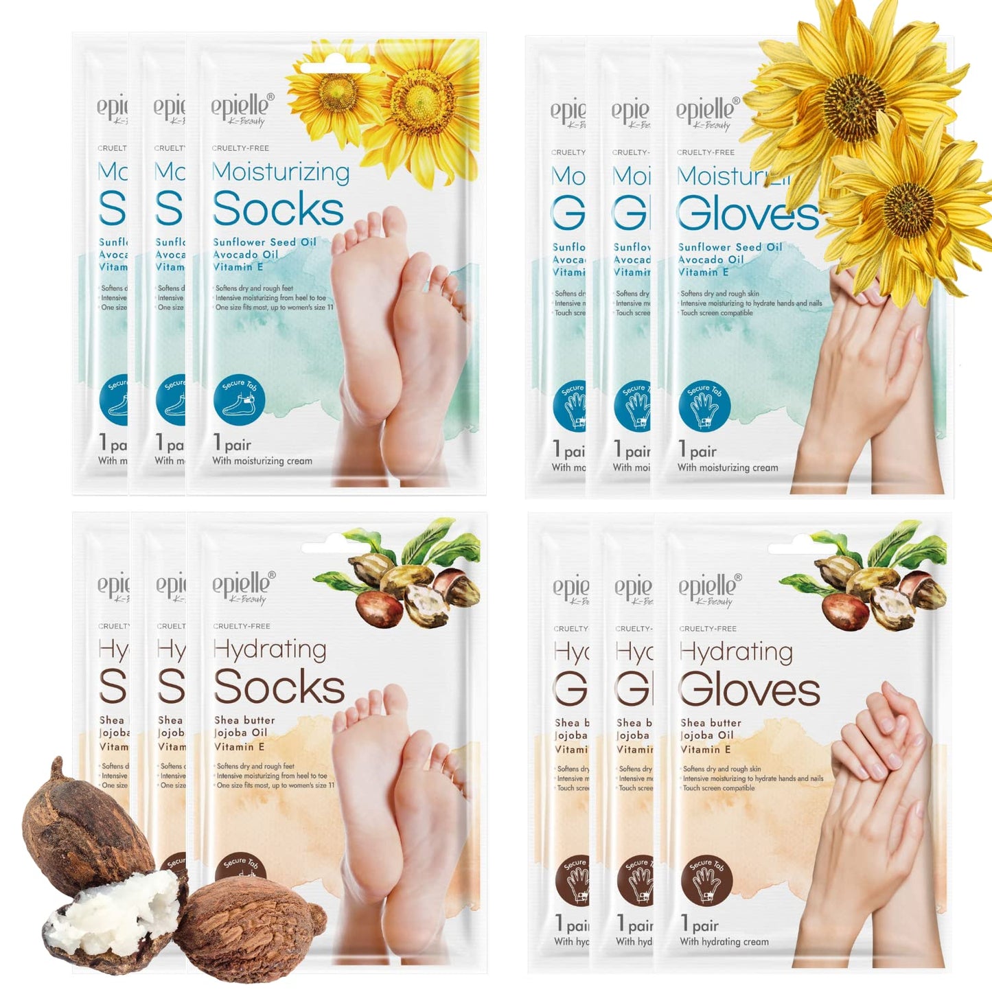 Epielle Hydrating & Moisturizing Hand & Foot Masks, Relieve and Soften Dry, Rough Skin, Self Care Gifts for Women, Spa Kit, 6 Moisturizing Gloves & 6 Moisturizing Socks