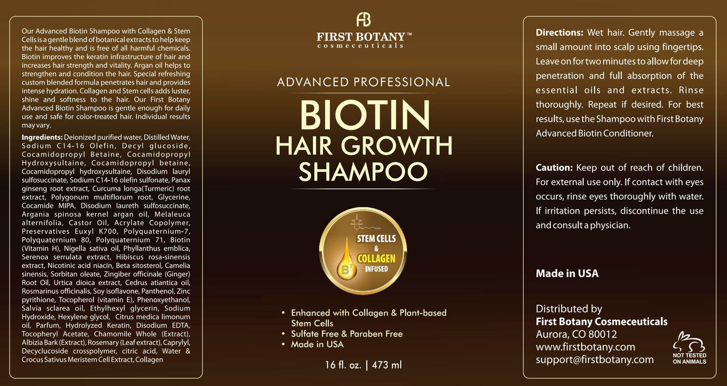 First Botany, Biotin Hair Growth Shampoo Conditioner Anti Hair Loss Thickening formula Collagen & Stem Cell For Hair Regrowth Anti Thinning Sulfate Free For Men Women Anti Dandruff Treatment 16 oz x2