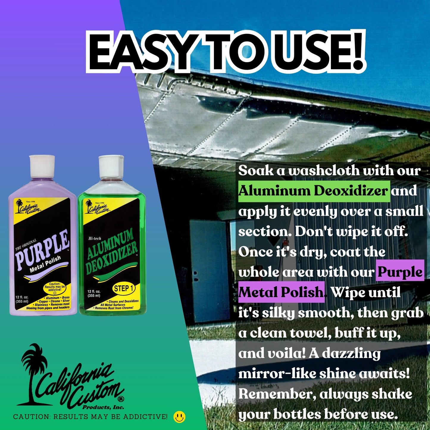 CALIFORNIA CUSTOM – Purple Metal Polish & Aluminum Deoxidizer Kit, No Silicone, Body Shop Safe, Great for Aluminum, Brass, Copper, Chrome, Silver, Stainless and Gold