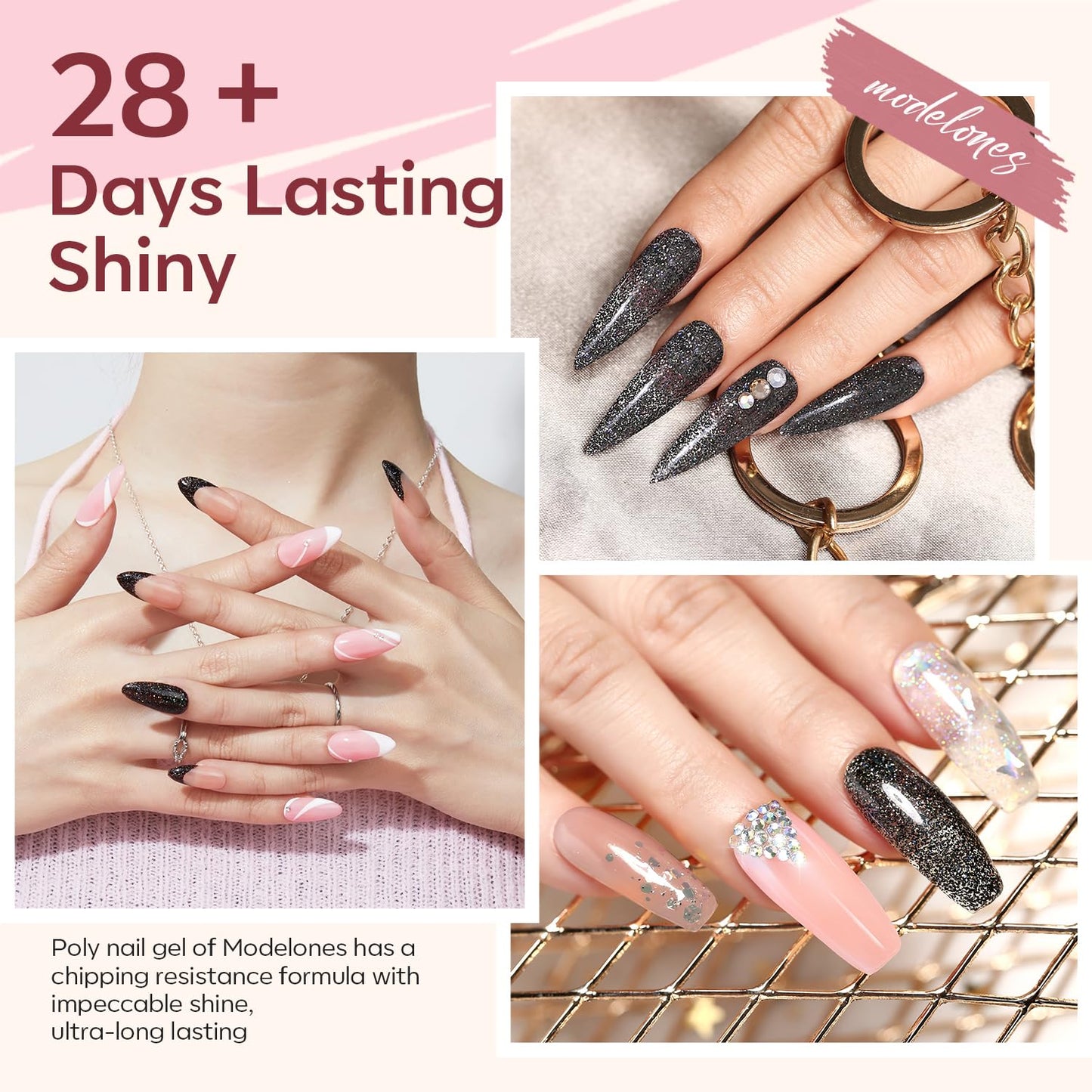 modelones Poly Gel Nail Kit 6 Colors with 8 W Nail Lamp Poly Extension Gel Clear Nude Pink Black Glitter Complete Starter Kit for Beginner DIY Salon Quality Manicures