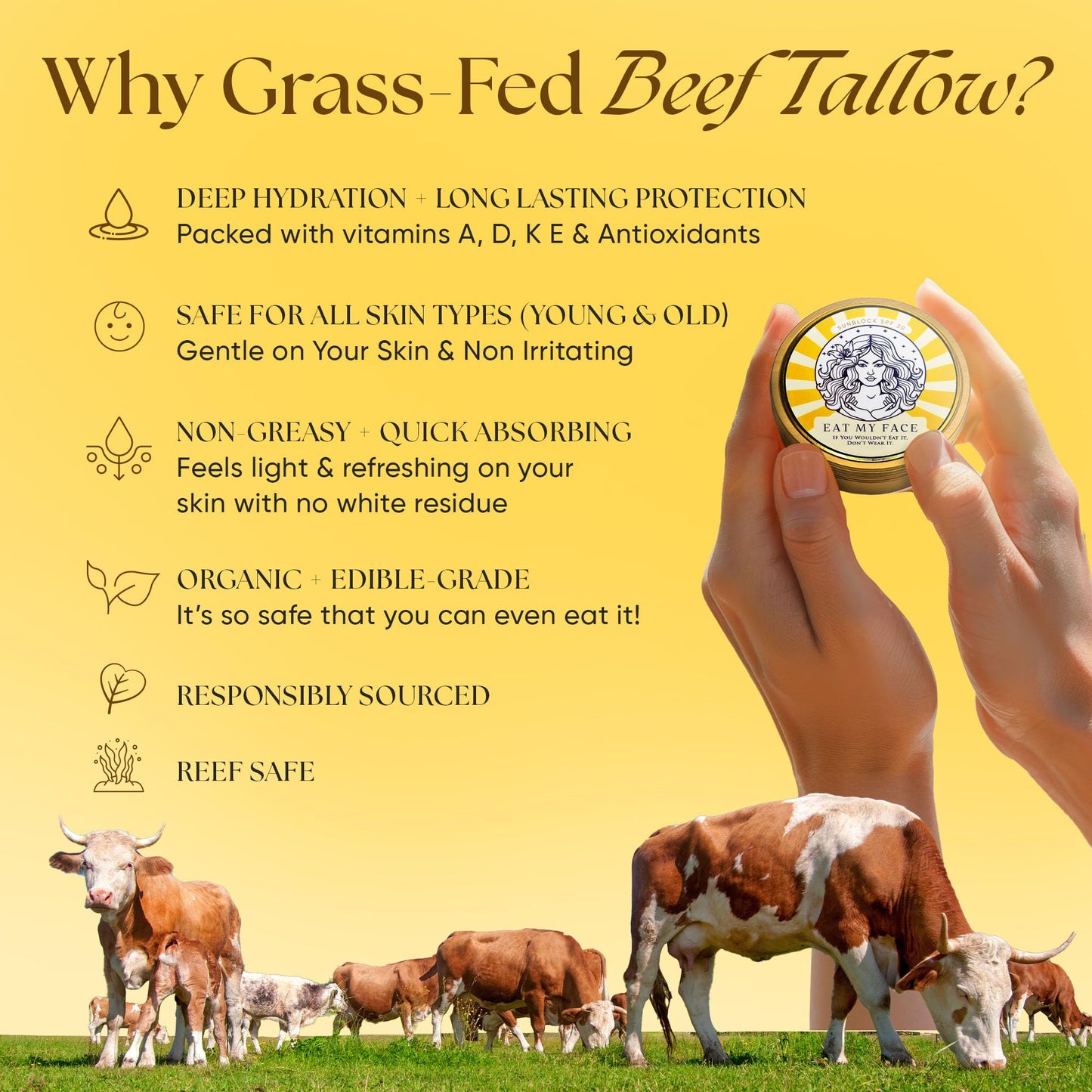 Eat My Face BEEF TALLOW Reef Safe Sunscreen SPF 30 – Non Nano Zinc Oxide – Water Resistant, Organic – Moisturizing Sunblock for Face & Sensitive Skin – 4oz Tin "If You Wouldn't Eat It, Don't Wear It!"