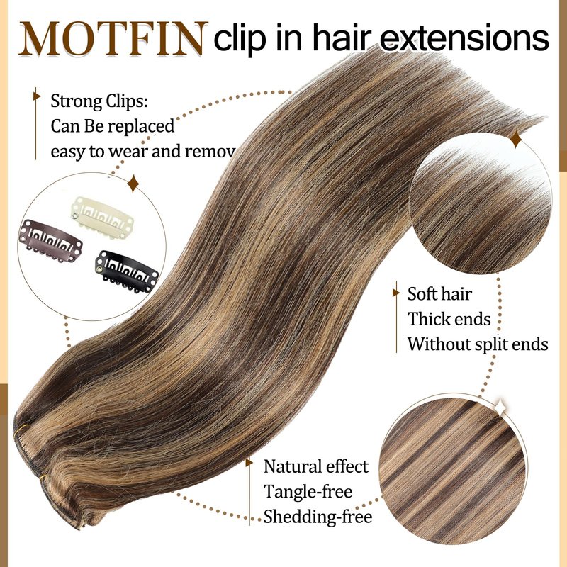 Clip in Hair Extensions Real Human Hair, 14 inch 80g, Balayage Invisible Remy Human hair Clip in Extensions for Women Seamless Straight 8Pcs Double Weft Dark Brown to Chestnut Brown