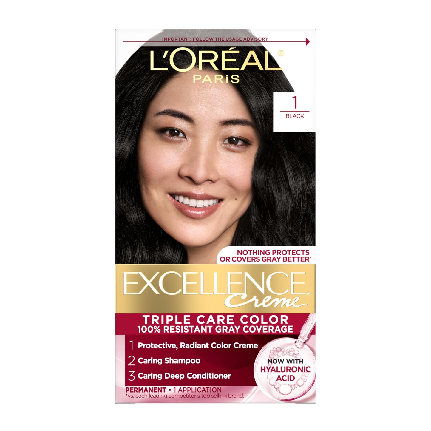L'Oreal Paris Excellence Crème Permanent Hair Dye, Triple Care Hair Color with Hyaluronic Acid for 100% Gray Coverage, 1 Black, 1 Kit (Packaging May Vary)