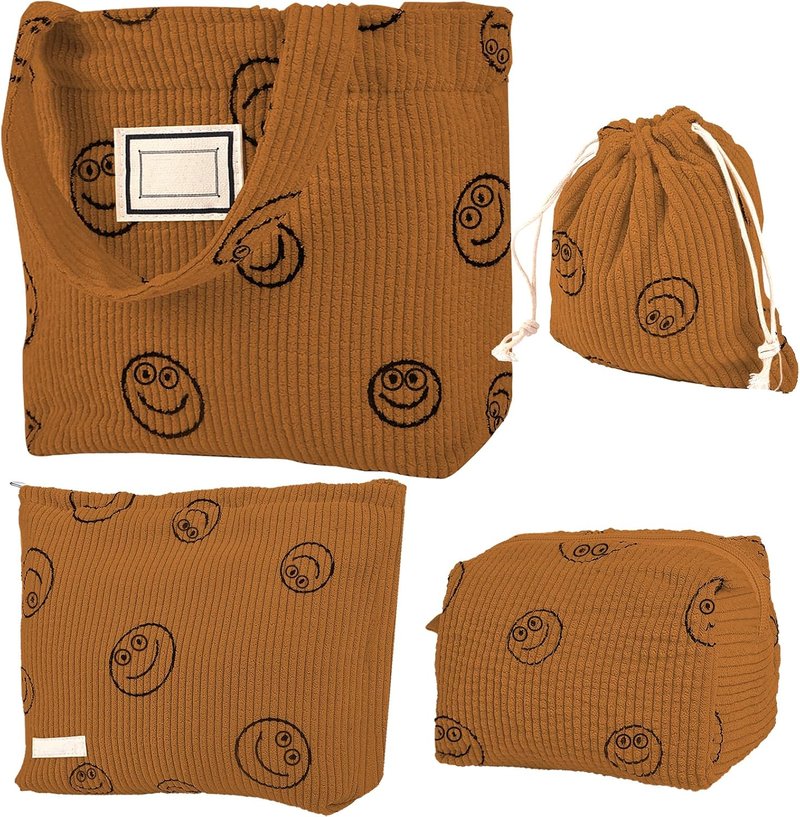 Corduroy Cosmetic Bag Set - 4 Pcs Aesthetic Toiletry Organizer | Small Drawstring Makeup Pouch