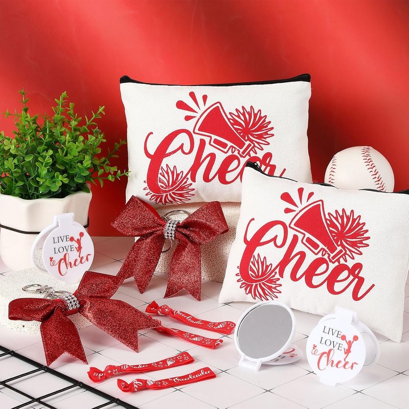 Cheerleader Gifts Set - 48 Pcs Bulk Cheer Gifts with Makeup Bags, Bracelets & Mirrors | Red Party Favors