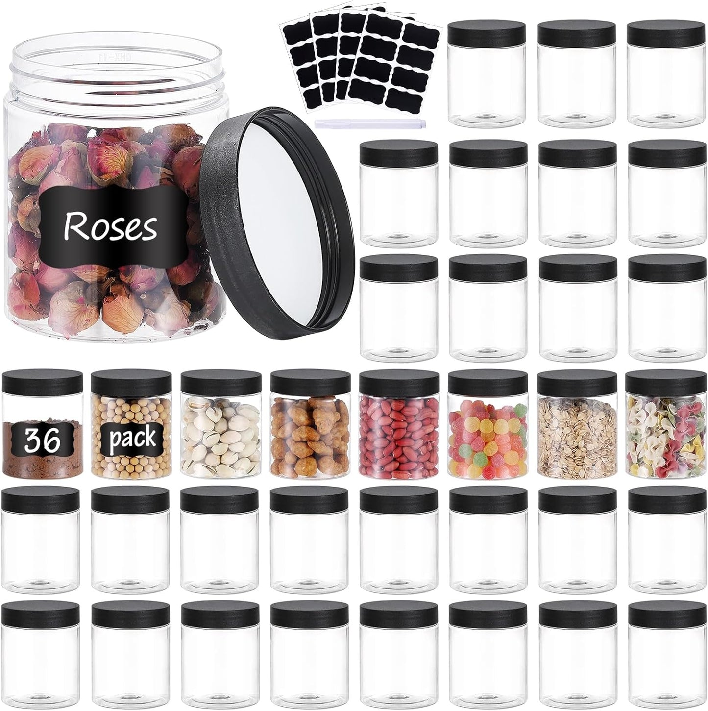 36PCS 8OZ Plastic Jars - Refillable Round Containers with Screw-On Lids for Food, Cream & Lotion | Black