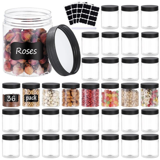 36PCS16OZ Plastic Jars with Screw On Lids, Labels Refillable Empty Round Slime Containers for Storing Dry Food, Honey Jam, Cream, Butter, Lotion (matte black)