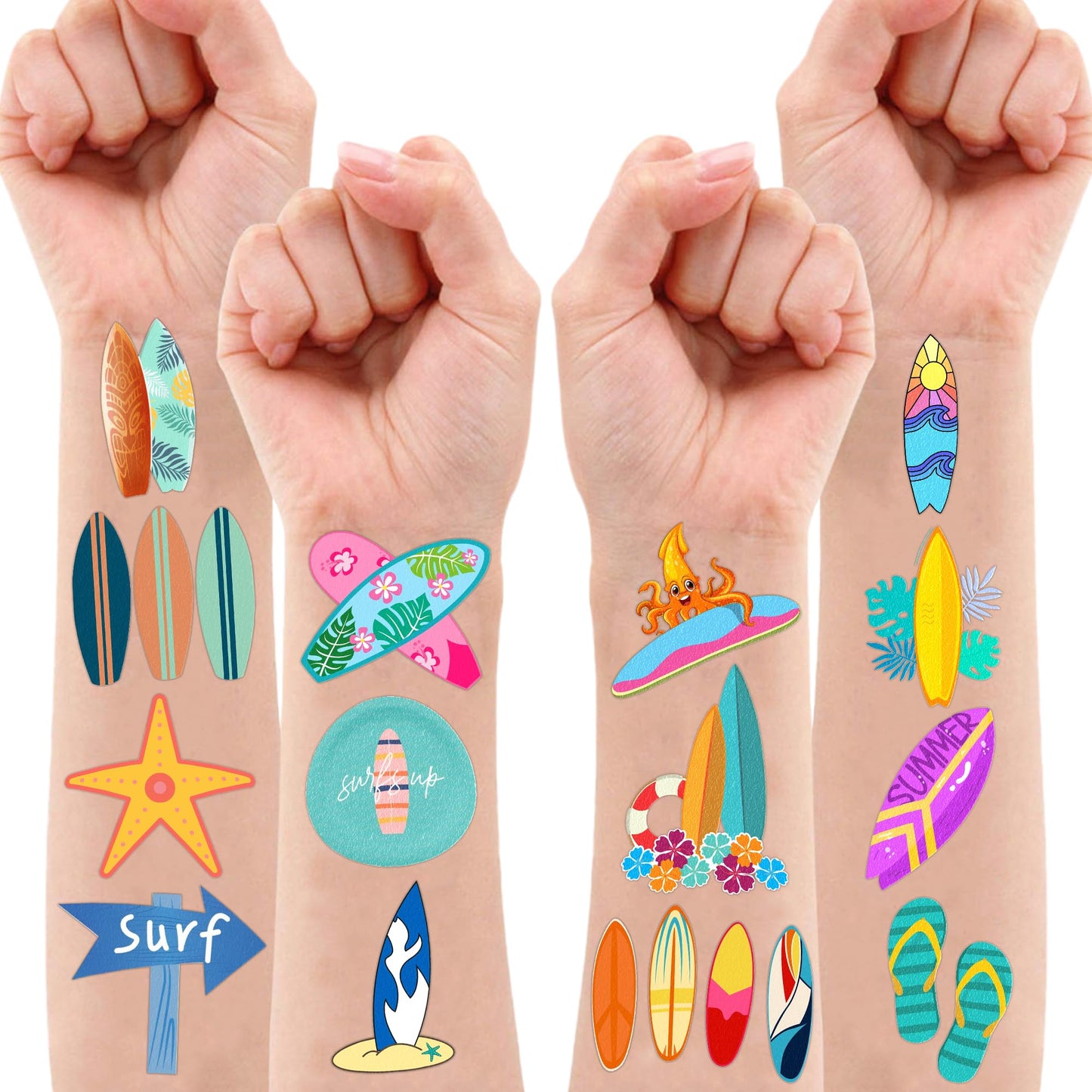 Cute Surfing Temporary Tattoos - The Big One Surf Birthday Party Favors & Supplies - Summer Beach Themed Stickers - 10 Sheets, 100 PCS Gifts for Kids Boys Girls