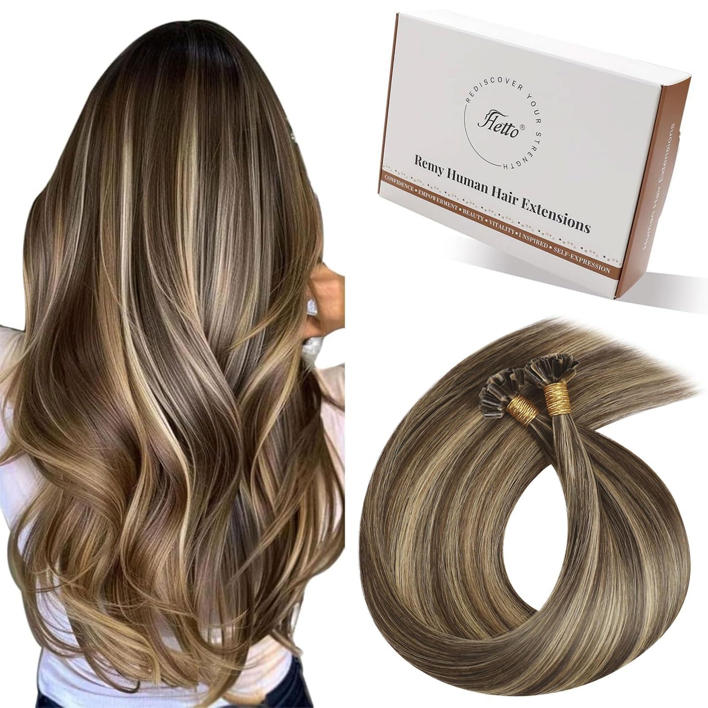 Hetto K Tip Hair Extensions Real Human Hair Brown Highlight Blonde 20in 50g