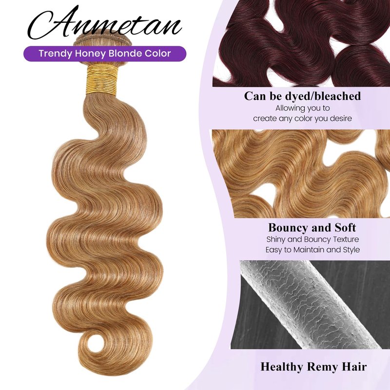 ANMETAN #27 Honey Blonde Bundle Human Hair Body Wave, 13A Color 27 Human Hair 1 Bundle Deal Silky and Soft 100% Unprocessed Brazilian Virgin Hair Extensions Blonde Double Weft for Black Women 14 Inch