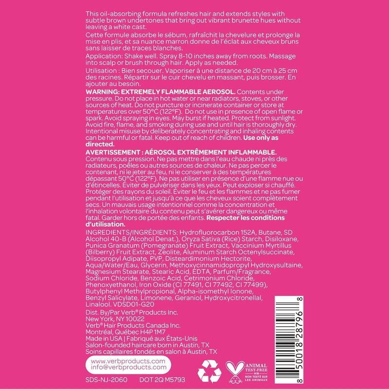 VERB Dry Shampoo for Dark Hair - Refreshing Oil Absorbing Spray | Vegan, Paraben-Free, Sulfate-Free