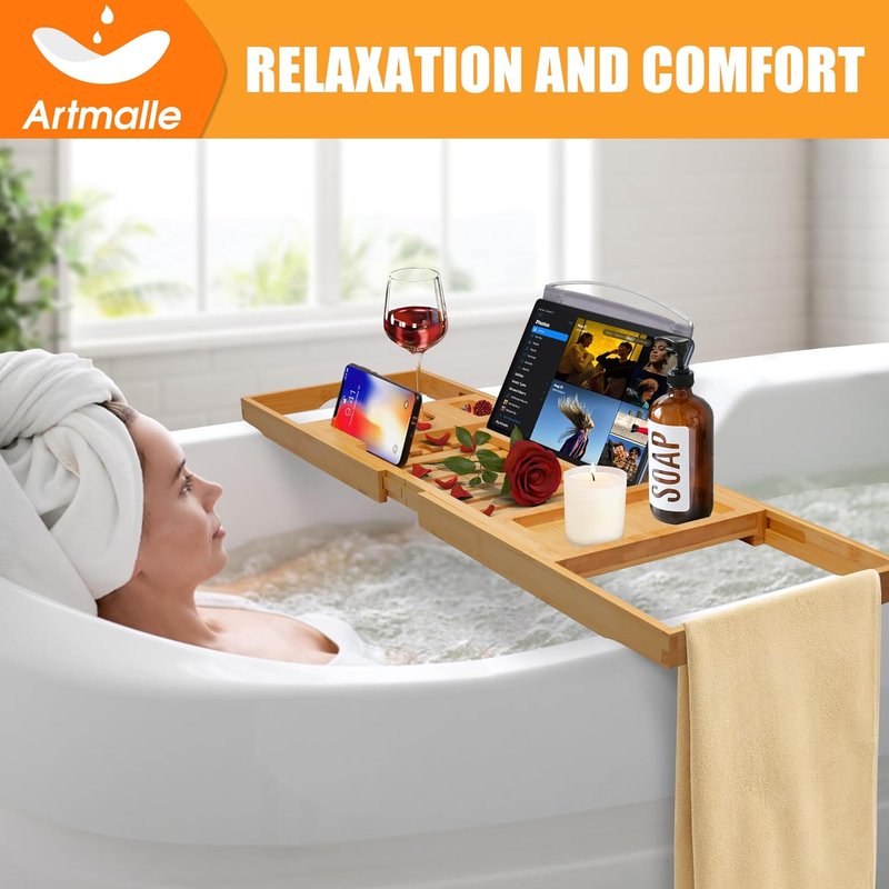 Luxury Bathtub Caddy Tray - Foldable Bamboo Bath Table with Book & Wine Glass Holder | Expandable Spa Accessory