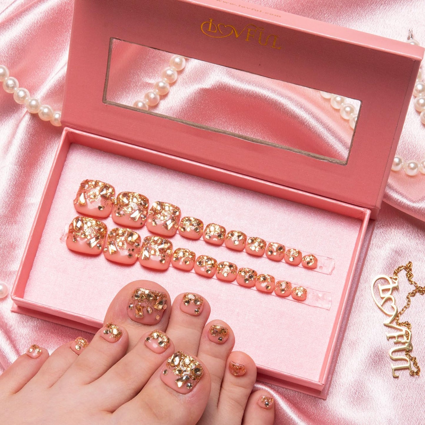 LOVFUL Press on Toenails Golden Glitter | 20 PCS Free Size Toe Nails | Reusable Fake Nails for Toe | T84