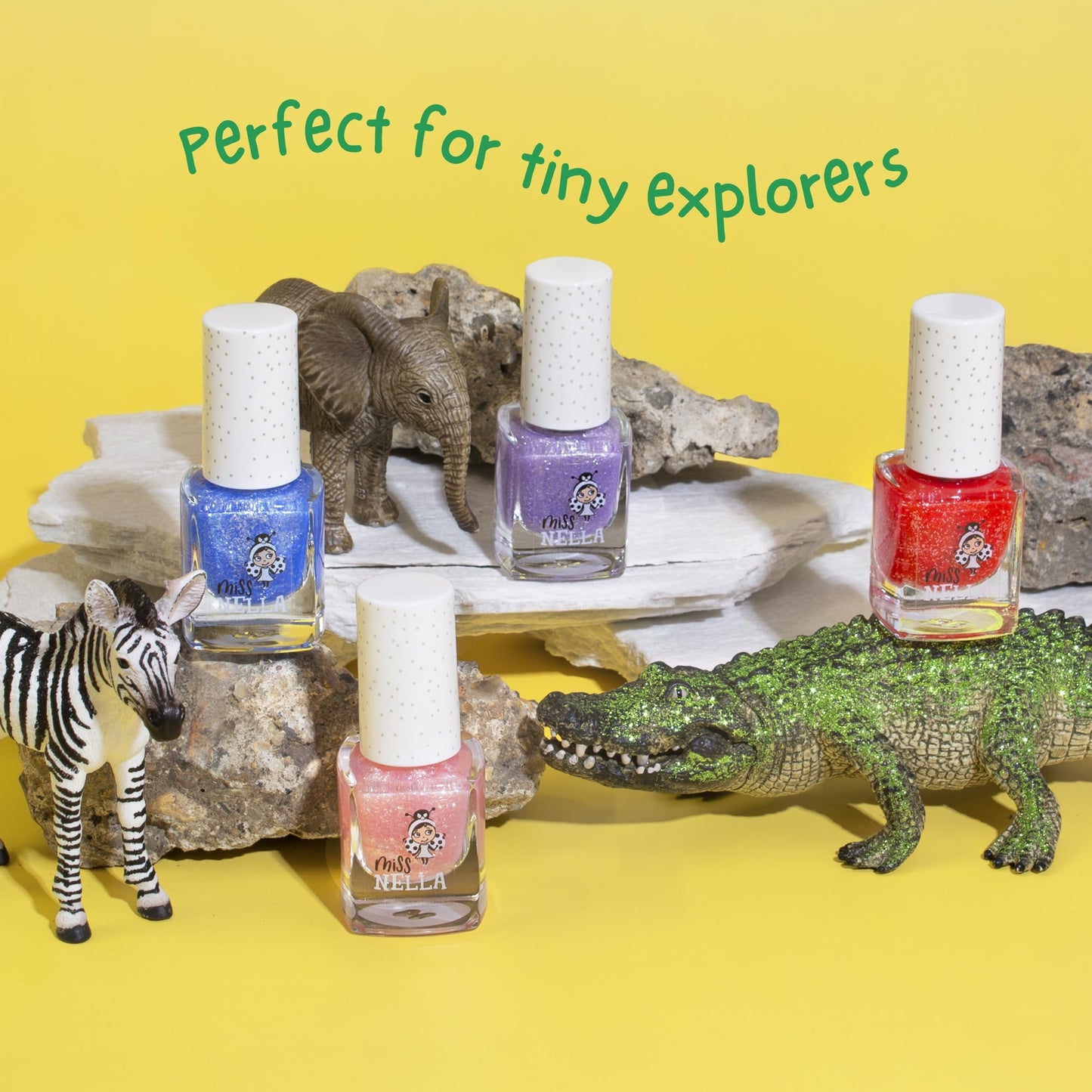MISS NELLA SAFARI COLLECTION Glitter Nail Polish for kids, set of 4 glitter varnishes: pink, red, purple & blue, Peel- Off varnish for toddlers