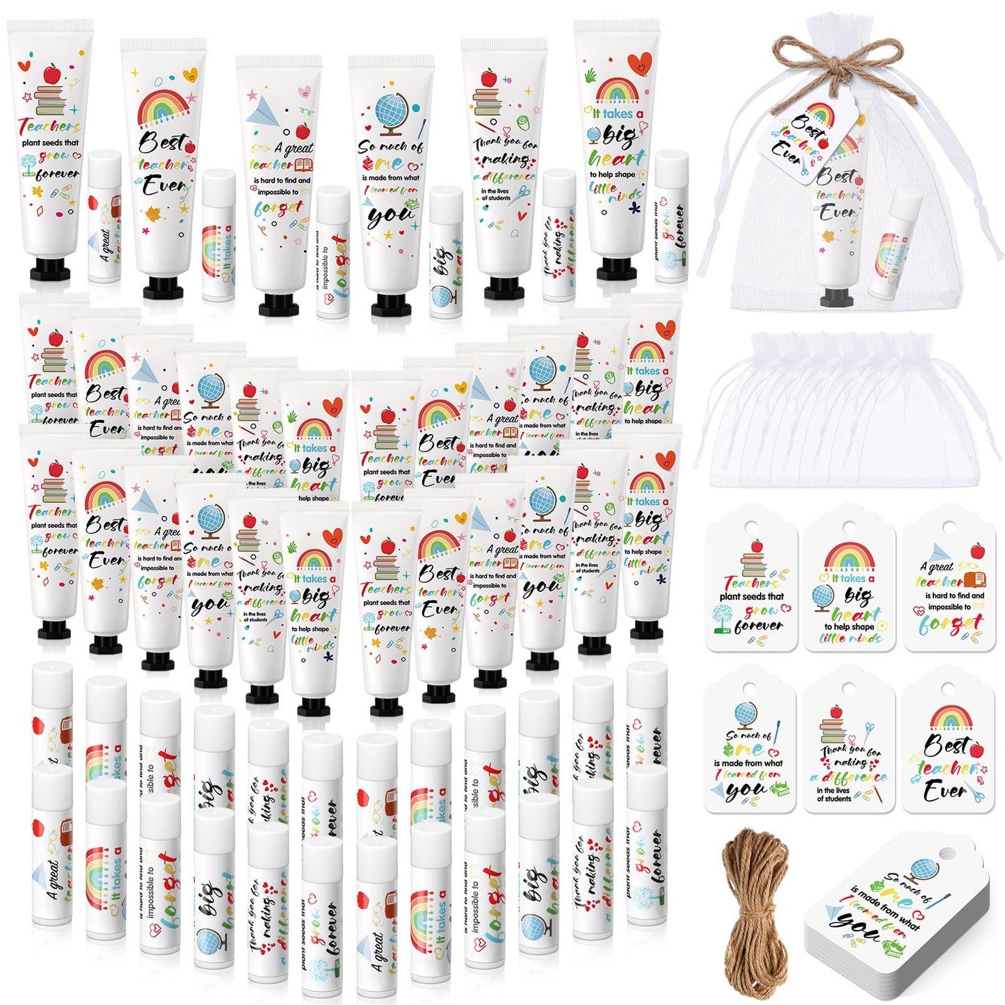 Dimsile 24 Set Appreciation Teacher Gifts Bulk Lip Balm Hand Cream Thank You Gift with Cards Organza Bags Travel Size Moisturizing Hand Lotion for Back to School Appreciation Teacher Gifts