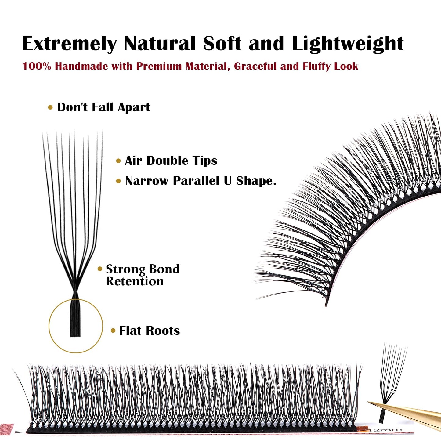 DeceMars 10D U Shaped Eyelash Extensions Easy Fans Double Tips 5D Russian Volume Crisscross Eyelashes Natural Soft YY Lash Extensions Handwoven Mesh Wispy Clusters Matte Black-0.07mm-D-8-15mm Mix