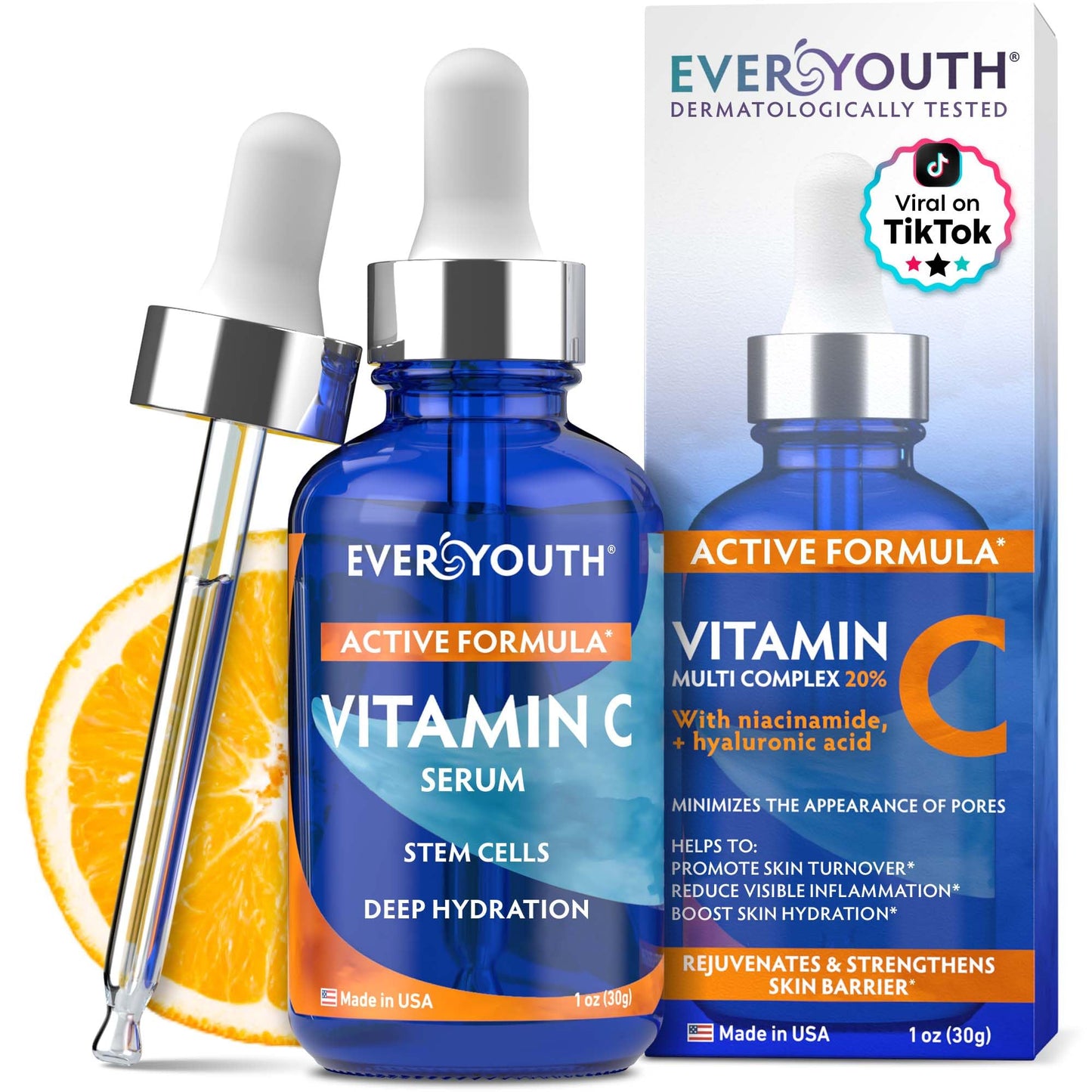 Vitamin C Serum for Face, Stem Cells, Niacinamide, Hyaluronic Acid & Vitamin E - Anti-Aging Retinol Facial Serum with Glycolic Acid & Retinal for Brightening, Hydrating & Firming Skin - Made in USA