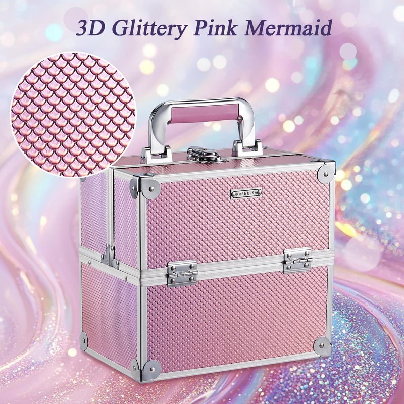 Frenessa Makeup Case Makeup Box Cosmetic Organizer Case Portable Make Up Artist Travel Case Storage Box 4 Trays with Dividers Lockable Hard Train Case Nail Tech Supply Storage Mermaid Pink