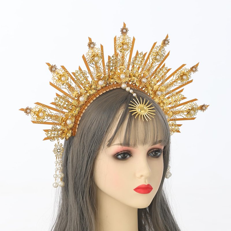 BLESSUME Goddess Gold Spike Halo Crown Headpiece NYLON ZIP TIE Wedding Bride Hair Band Tiara…
