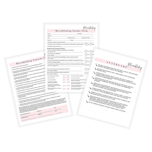Microblading Intake, Consent, and Aftercare Form | Printed Physical 8.5 x 11" A1 Forms | Clients Signature | White and Pink Design