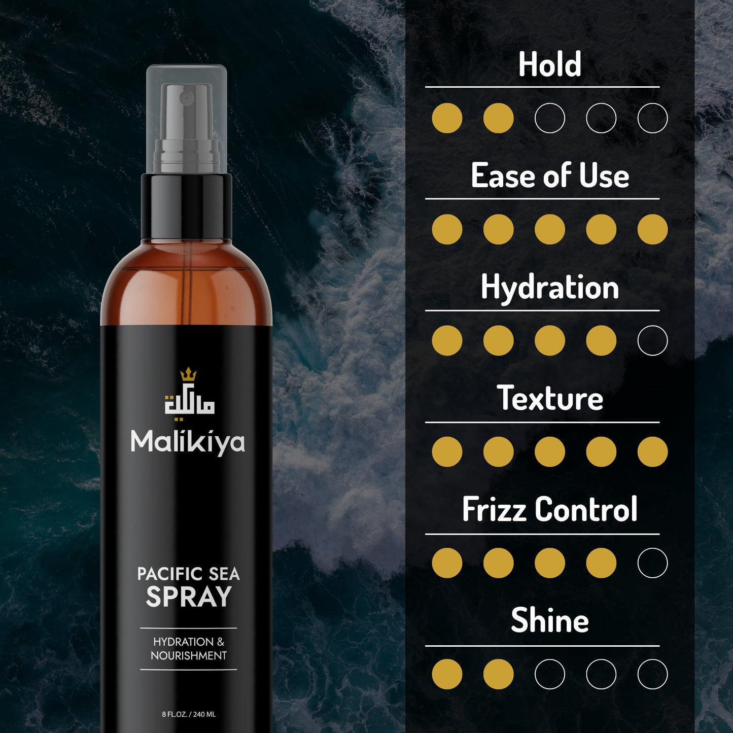 Malikiya Sea Salt Spray for Hair– Beach Waves, Fluffy Textured Hair | Natural, Non-Greasy, No Crunch, Firm Hold | Coconut Water & Sea Kelp | 8 oz