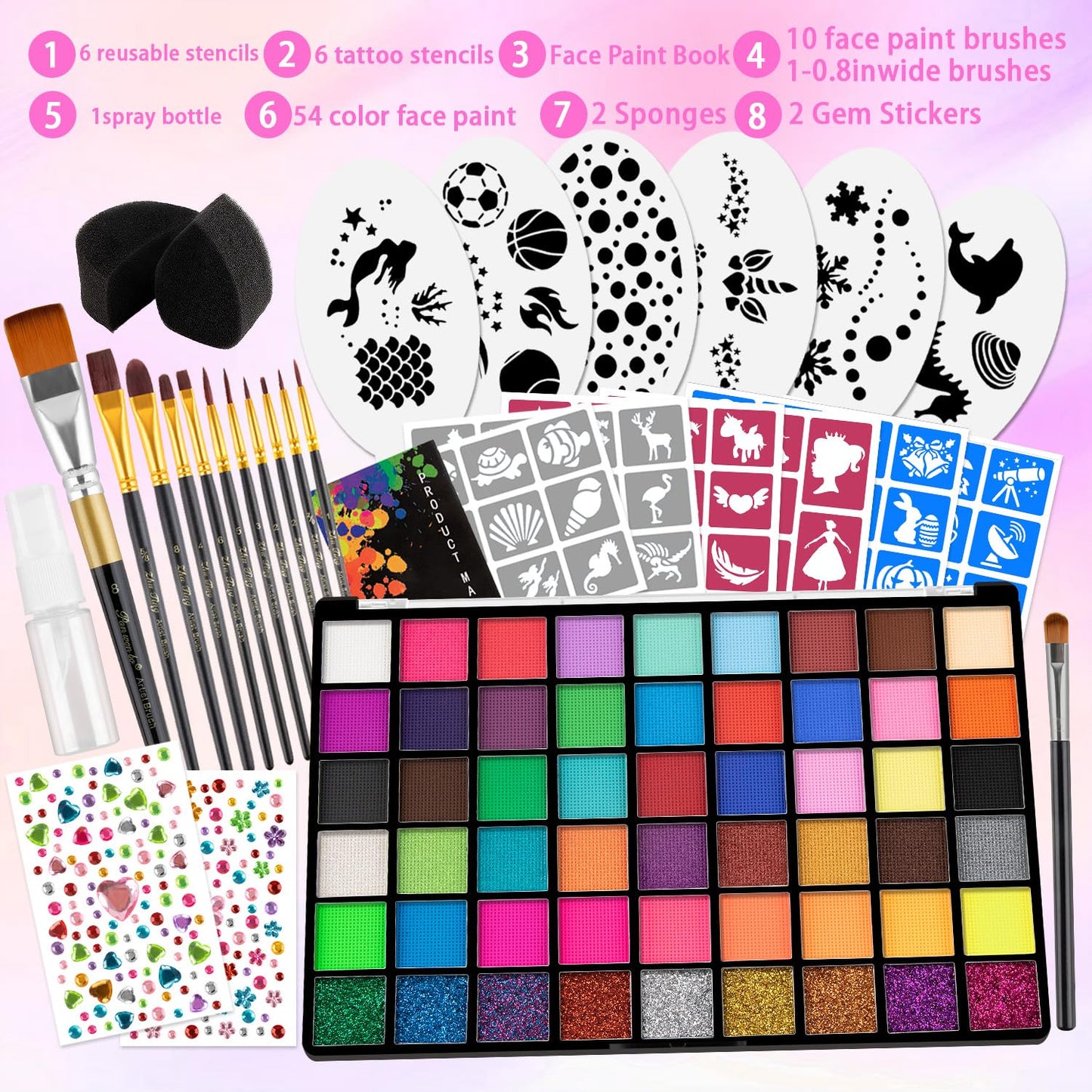 Face Painting Kit ,54 Colors Face Paint Makeup Kit,Non-Toxic Water Activated Facepaint Pallette with Brushes,Stencils,Sponge,Gems,For Halloween,Christmas Carnival, Party,cosplay ctc.