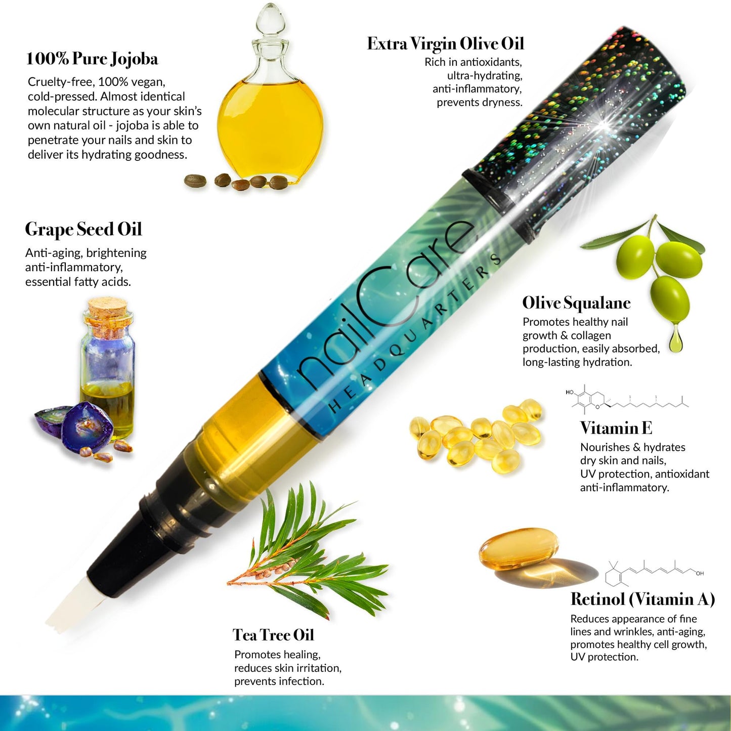 Cuticle Oil Pen for Nails - Nail Strengthener & Growth Serum for Damaged Nails, Hangnails w/Jojoba cuticle oil—Mixed Fragrances - Holographic Glitter Pens 4-Pack