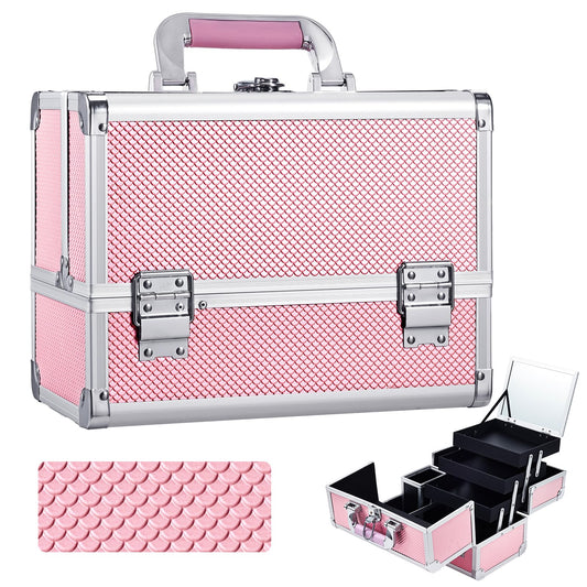 Joligrace 3-Tray Makeup Case with Mirror & Brush Holder, 11.6" Mermaid Pink