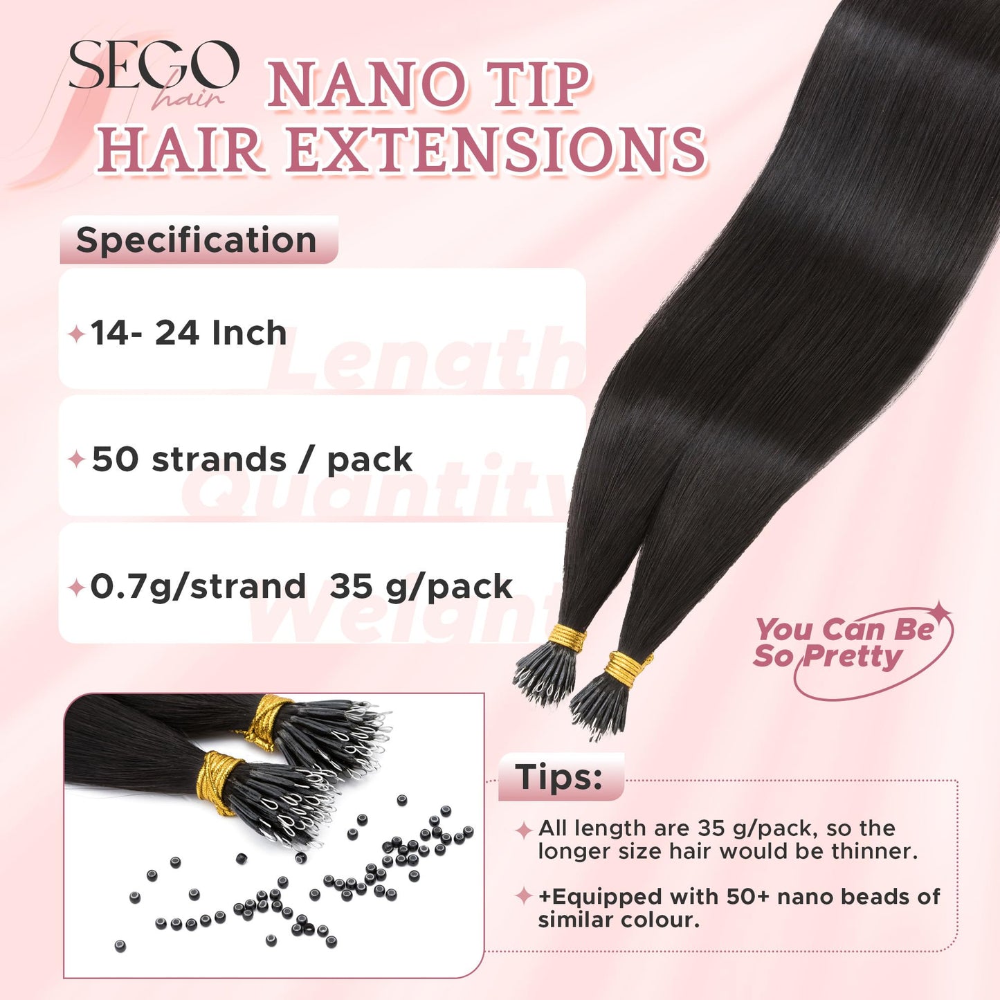 SEGO Nano Tip Hair Extensions Human Hair, Nano Beads Balayage Seamless Highlight Pre-bonded Extensions for Women, 0.7g/strand, 50 strands 35g/pack -18 Inch#01 Jet Black