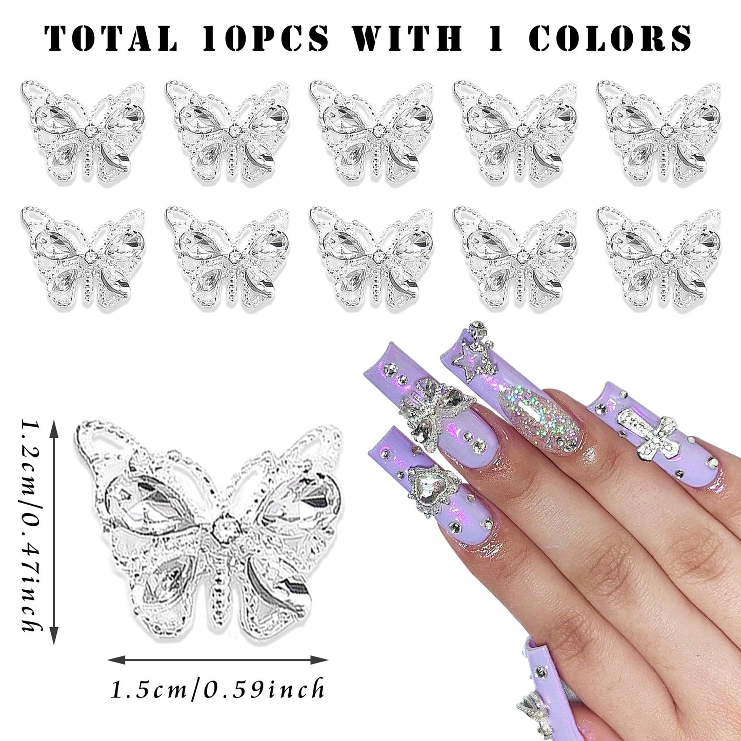 Butterfly Nail Charms, YAEISM Shiny 3D Alloy Silver Metal Butterfly Nail Gems Nail Rhinestones for 10 Pcs Nail Charms Shape Crystals Diamonds for Women Girls DIY Nail Art Crystals Jewelry Decoration