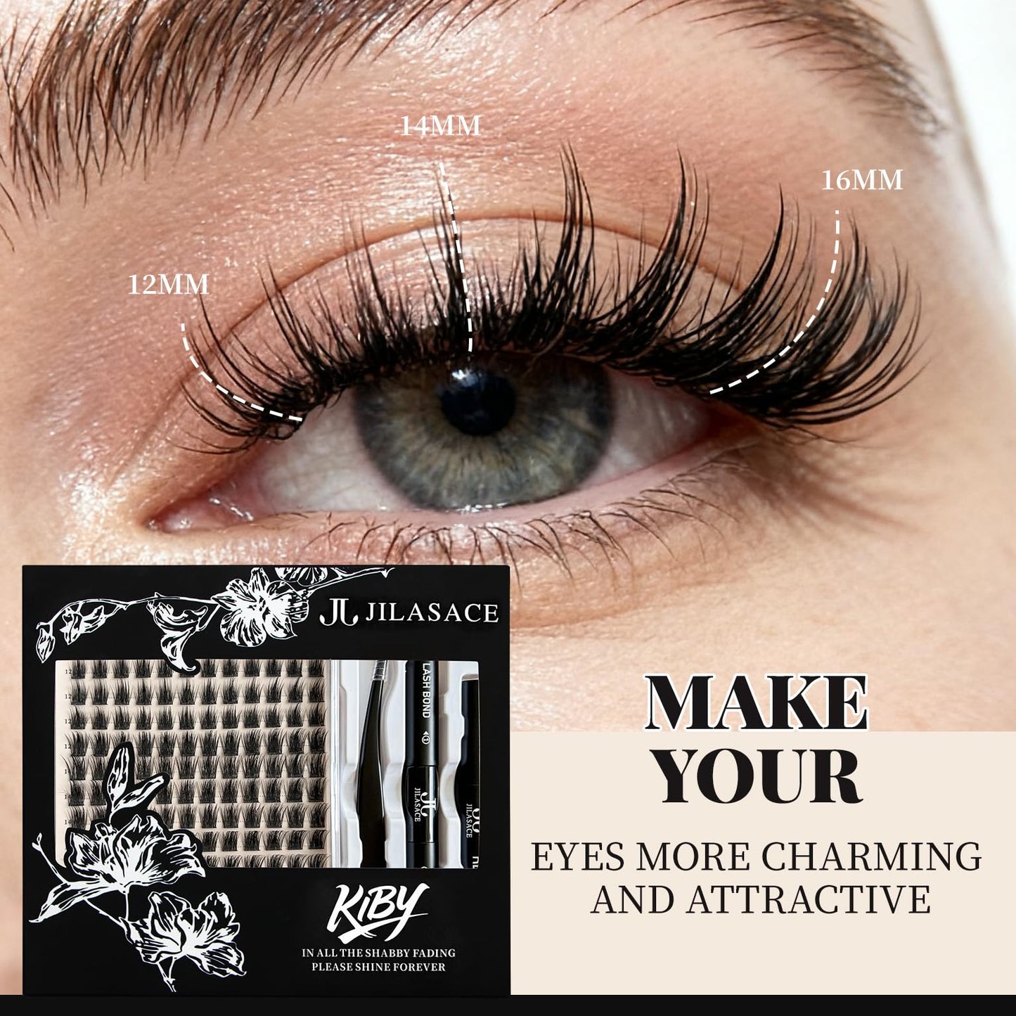 JILASACE KIBY DIY Lash Extension Kit, 144-Piece D Curl Cluster Lashes 12-16mm with Bond and Seal, Remover and Applicator, Natural Wispy Style for Beginner-Friendly At-Home Use