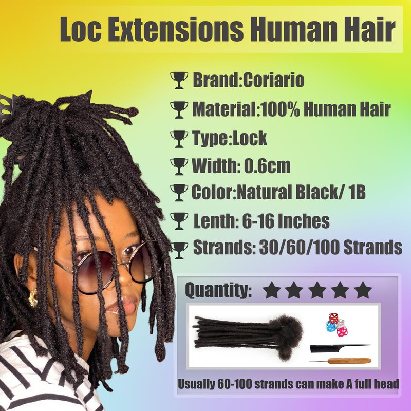Coriario Natural Locs Extensions Human Hair 8 Inch 30 Strands 0.6cm Dreadlock Human Hair Dread Locks Extensions for Men/Women/Kids