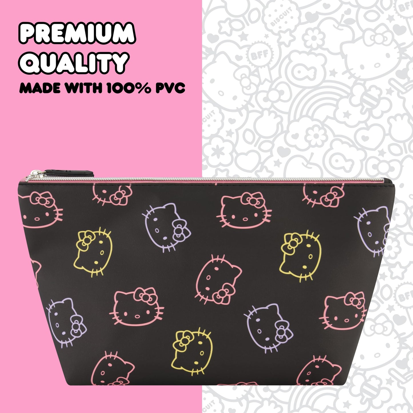 Concept One Hello Kitty Travel Makeup Bag, Trapezoid Cosmetic Organizer Pouch for Women, Black