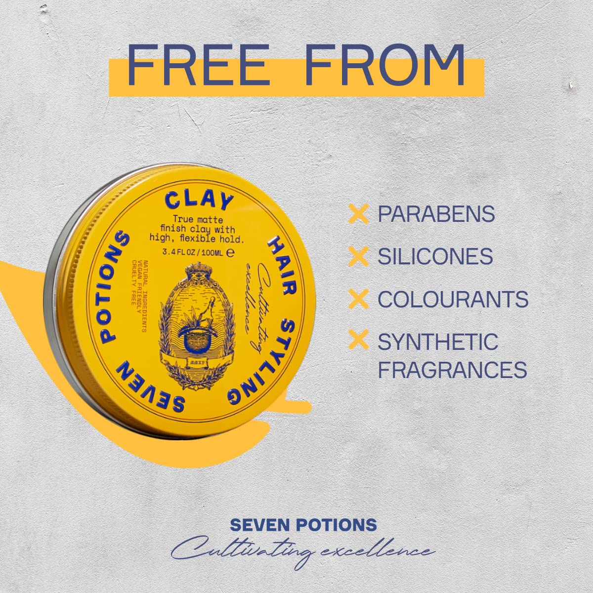 SEVEN POTIONS Hair Clay For Men and Women 3.4 fl oz - High Hold No Shine Hair Pomade For Men - Effortless Hair Styling Product That Leaves No Residue - Water Based - Natural, Vegan, Cruelty Free