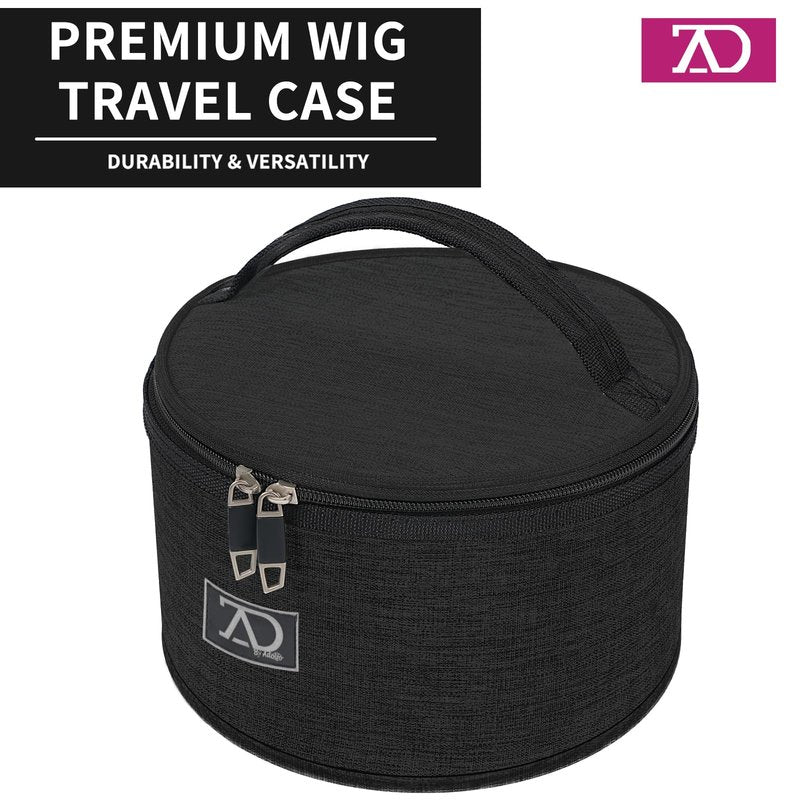 Travel Case for Wigs, Black Quilted Nylon with Interior Mirror, Zipper, & Double Stitching, Lightweight & Portable Wig Pouch by Adolfo Design