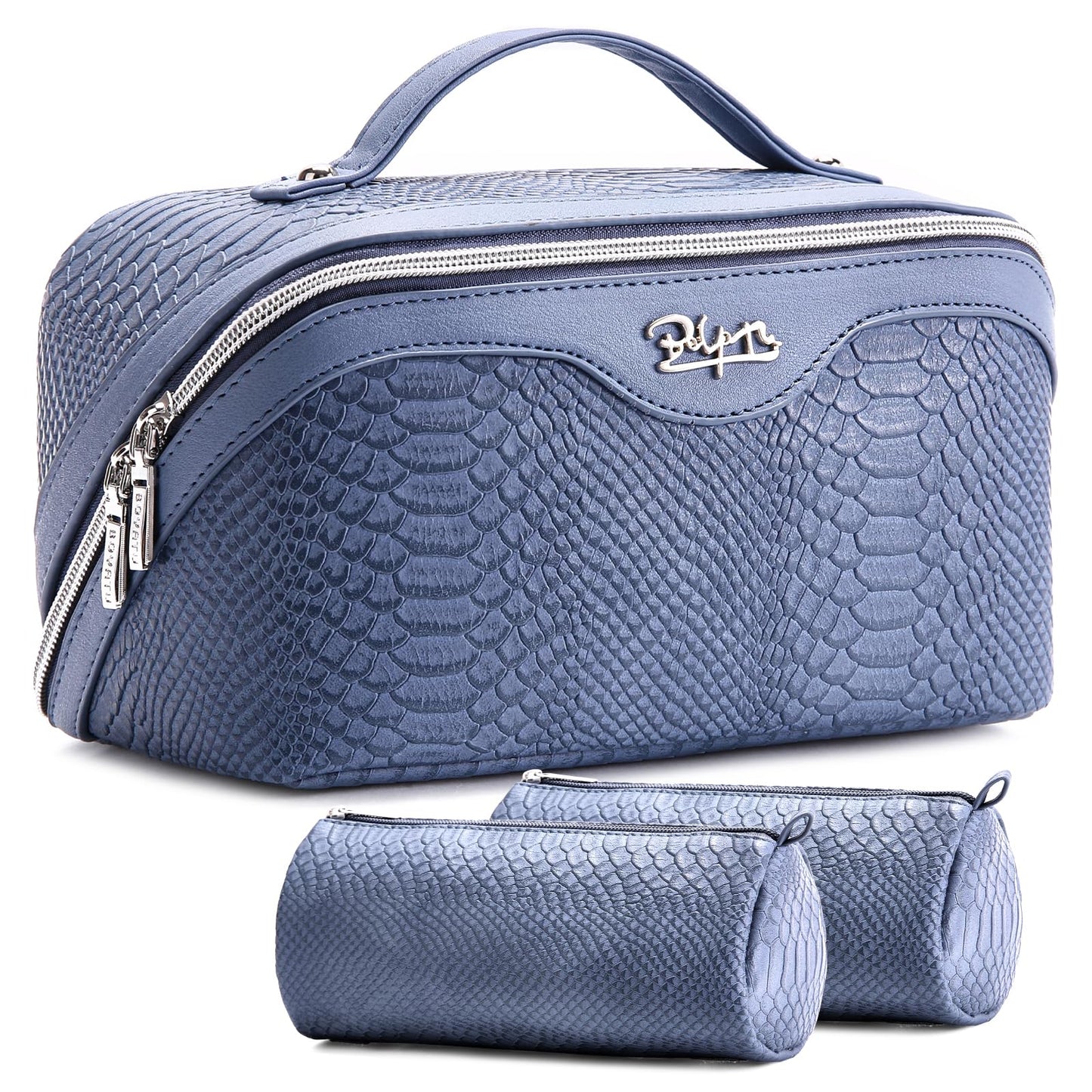 BOYATU Travel Makeup Bags for Women: 3 Pcs Set Wide Open Cosmetic Bag - Portable Make up Bags with Handle - Vegan Leather Toiletry Organizer Bag with Divider (G-05-Blue)