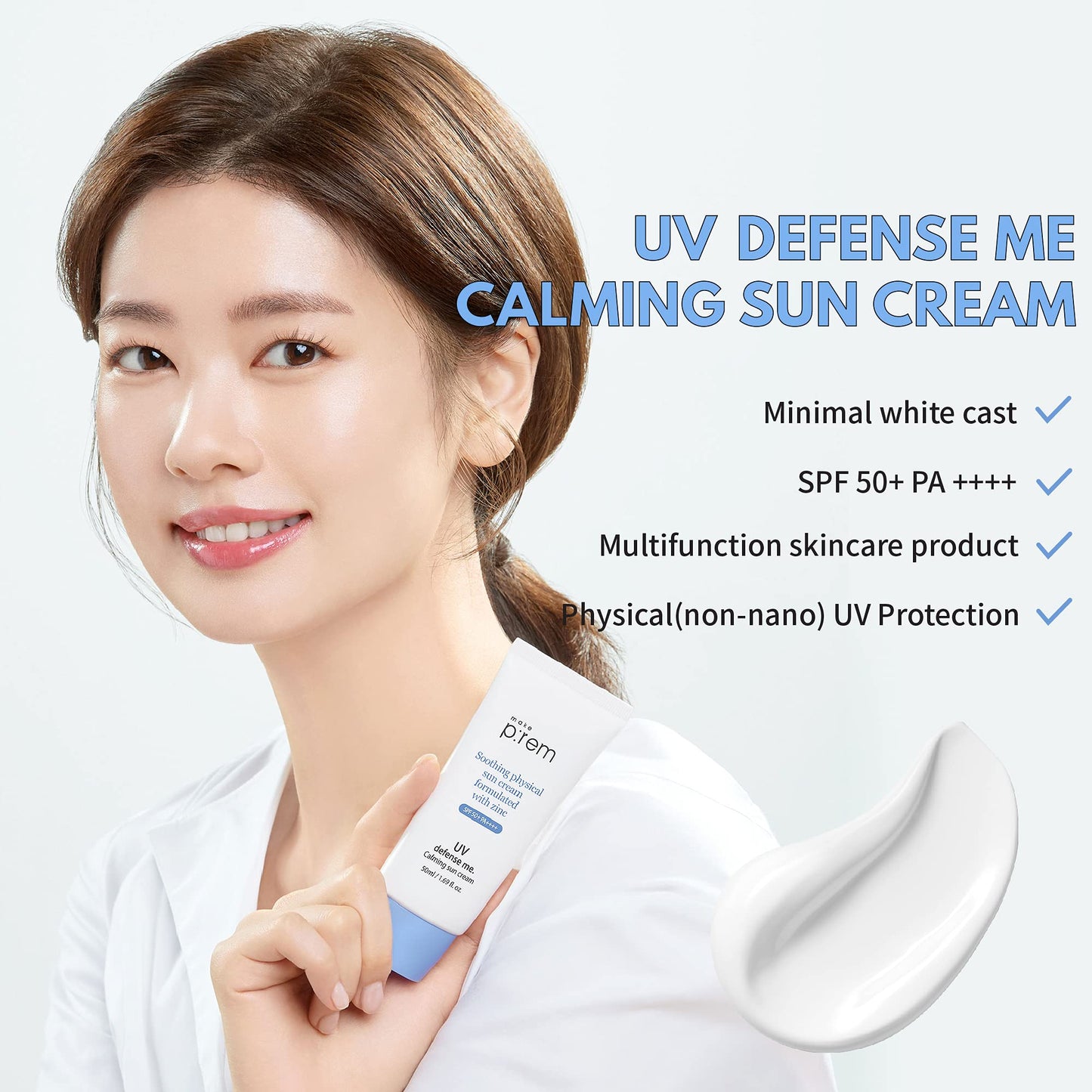 MAKEPREM UVA UVB Defense Me Calming Sun Cream VEGAN Sunblock SPF 50+ PA++++ 1.69 Fl Oz Reef-Safe Non-Nano Mineral Sunscreen Broad UV Protection Blue Ray Dry Sensitive Acne-Prone Oily Skin No Chemical