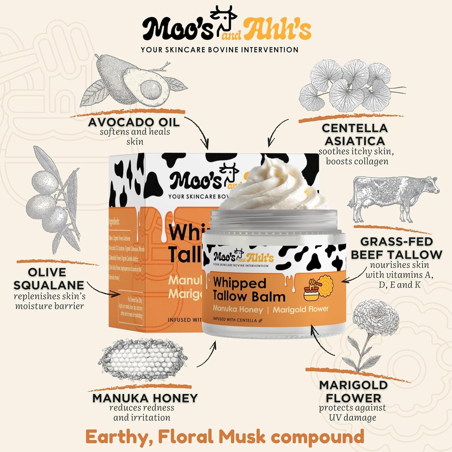 Whipped Tallow Balm - Grass-Fed Beef Tallow Moisturizer with Organic Centella & Olive Squalane | 2 Oz Manuka Honey & Marigold Flower