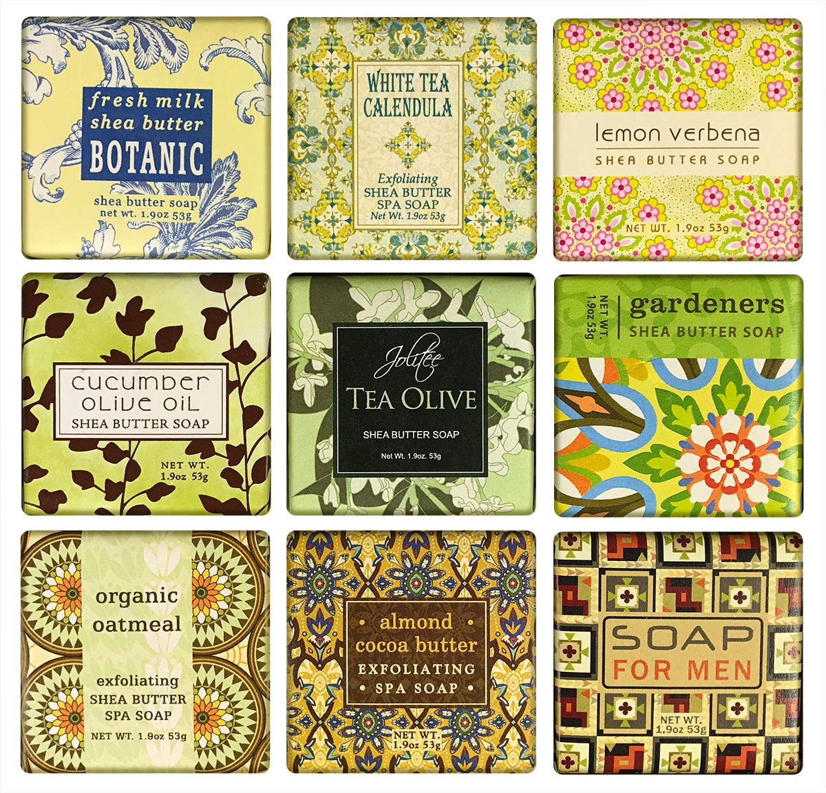 Jolitee French Milled Botanical Soap Sampler Set of 9 - Individually Wrapped Vegetable-Based Mini Soaps with Essential Oils, Shea Butter, and Natural Extracts (Pure and Simple)