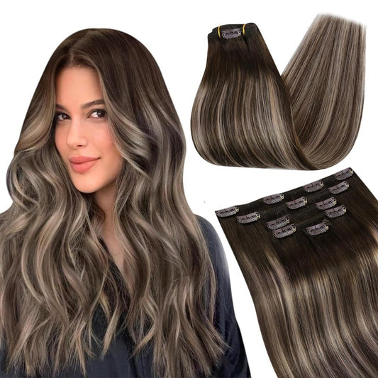 Ugeat Clip in Hair Extensions Real Human Hair, Balayage Clip in Hair Extensions, Dark Brown Balayage Ash Blonde, Remy Human Hair Clips in Extension for Short Hair, 12 Inch 5Pcs 85G