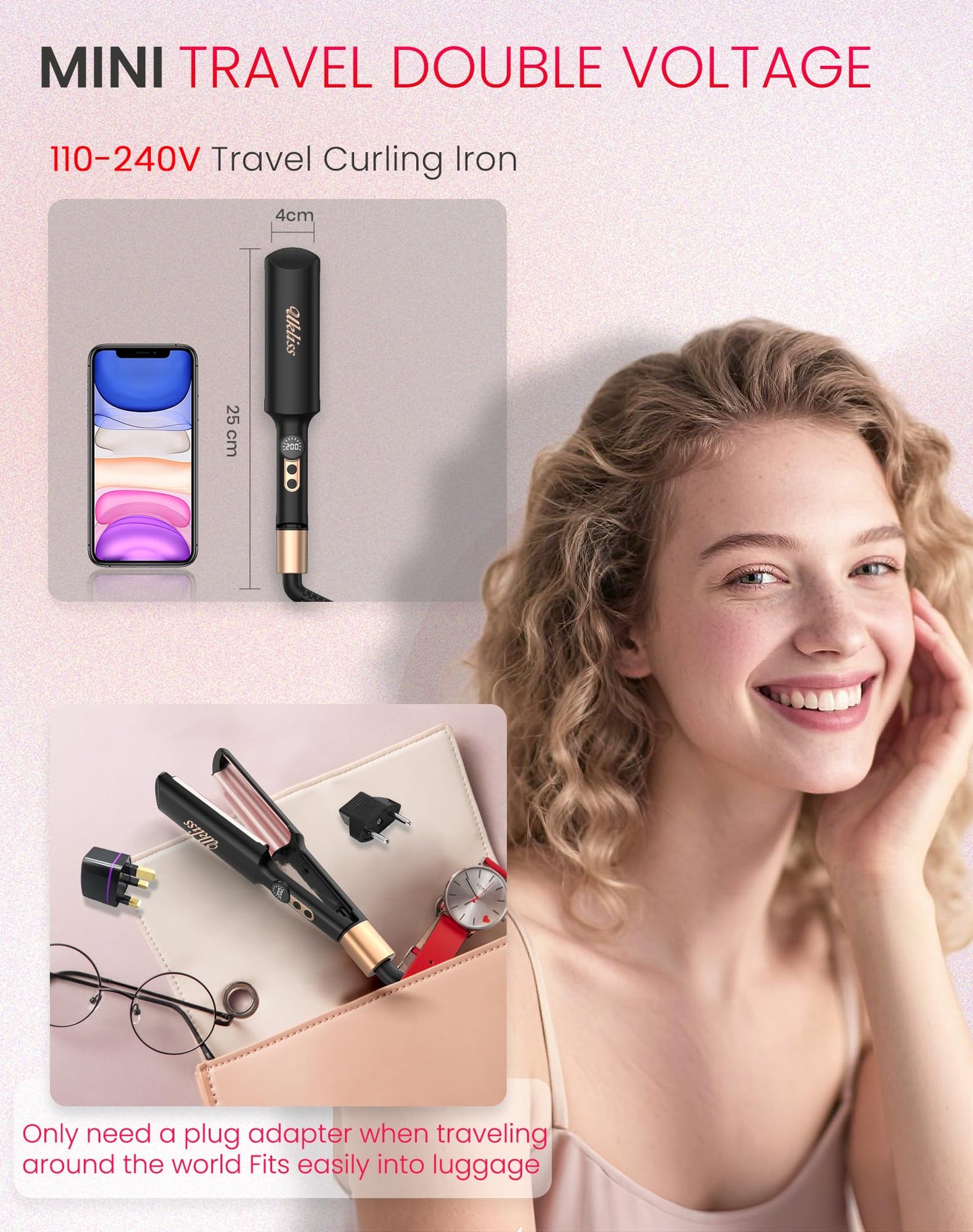 Travel Mini Waver Hair Tool Crimper for Women 0.4 inch Small Double Barrel S Waver Curling Iron Dual Voltage (110-240V) with European Plug Adapter, 5 Temps, Anti-scalding, Auto-Off (Black)