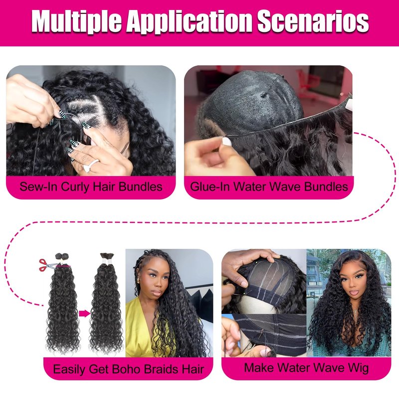 UENOKIPS Water Wave Hair Bundles 100% Pure Protein Silk Curly Bundles 18 20 22 Inch 6 Bundles 310g Synthetic Soft Natural Look Human Hair Feel Wet and Wavy Hair Extensions Natural Black