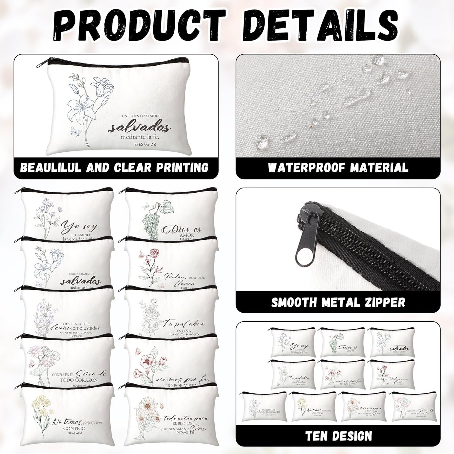 FuWeave 30 Pcs Mothers Day Gifts Spanish Christian Gift Bags for Women Bulk Religious Cosmetic Bag Inspirational Bible Verse Pencil Pouch Christian Makeup Bags with Zipper Church Gift for Travel
