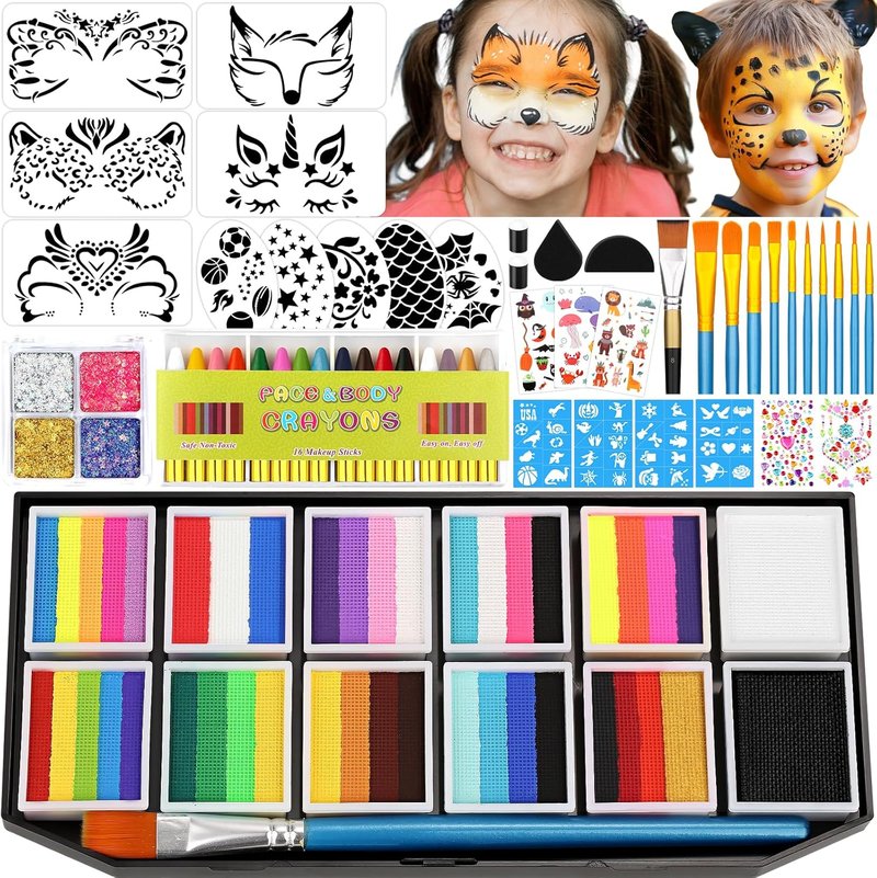 Face Painting Kit - 12x10g Water-Based Split Cake Palette with Stencils & Glitter Crayon | Ideal for Kids & Adults, Perfect for Parties & Events