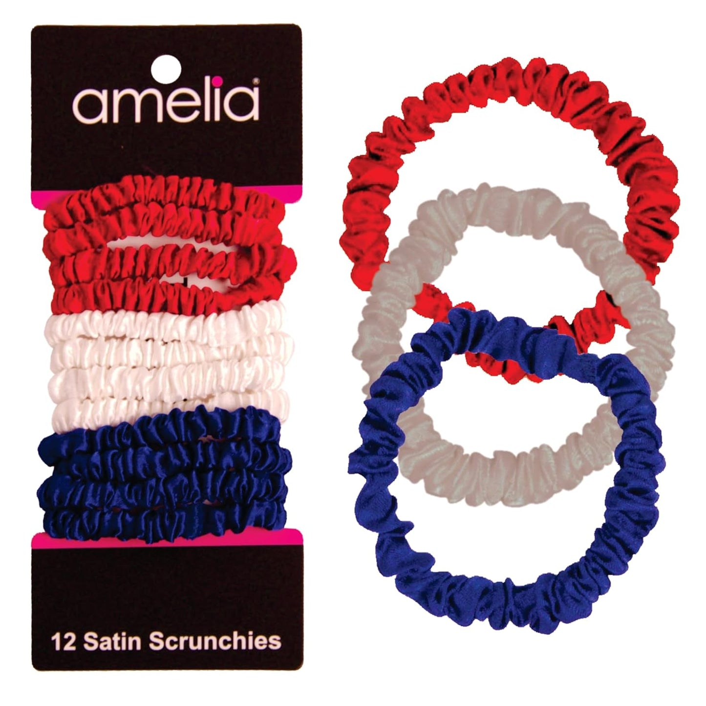 Amelia Beauty, Black, Skinny Satin Scrunchies, 12 Pack – 2in Diameter, Gentle & Strong Hold, No-Snag, No-Dent, Crease-Free Hair Ties