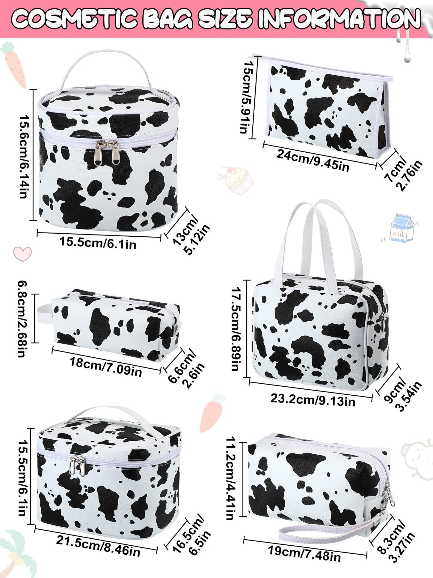 Saintrygo Set of 6 Makeup Bag Set Travel Cosmetic Bag Cow Print Toiletry Pouch Gifts for Women Organizer with Zipper Portable Cute Make up PU Leather Case Washable Waterproof