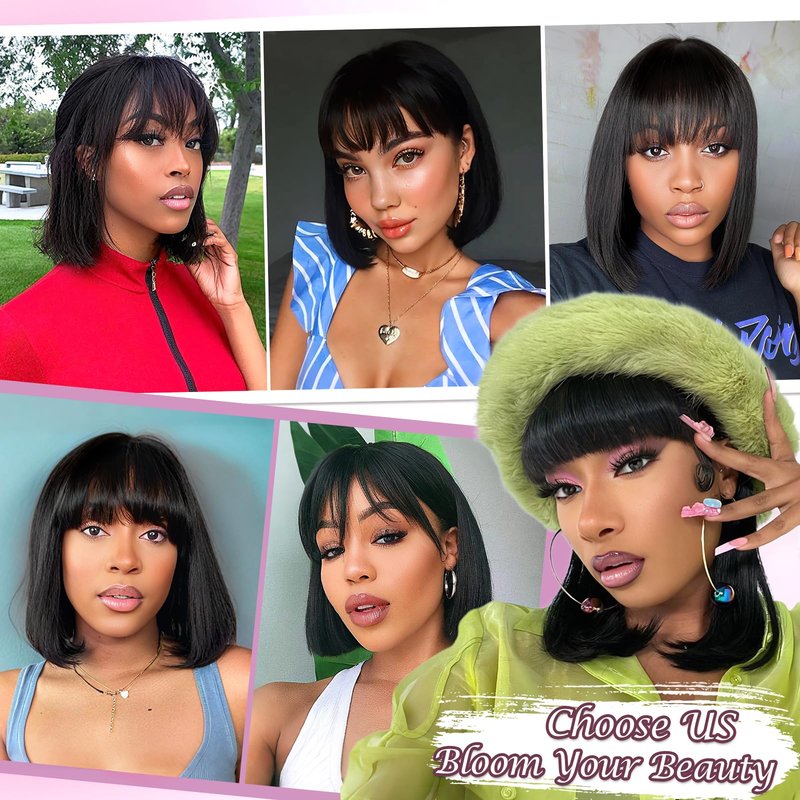 ZHENGON Bob Wig with Bangs Human Hair Wig Silky Straight Glueless Wigs Human Hair Ready to Wear and Go for Beginners 12Inch